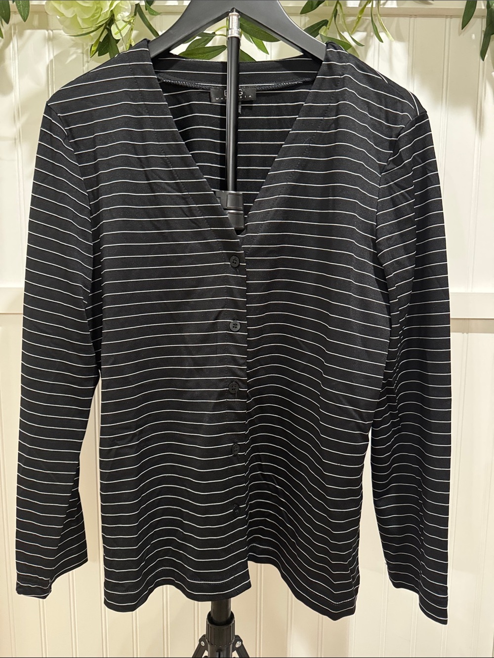 #697 BCBGeneration Black and White Striped Button-Front Top